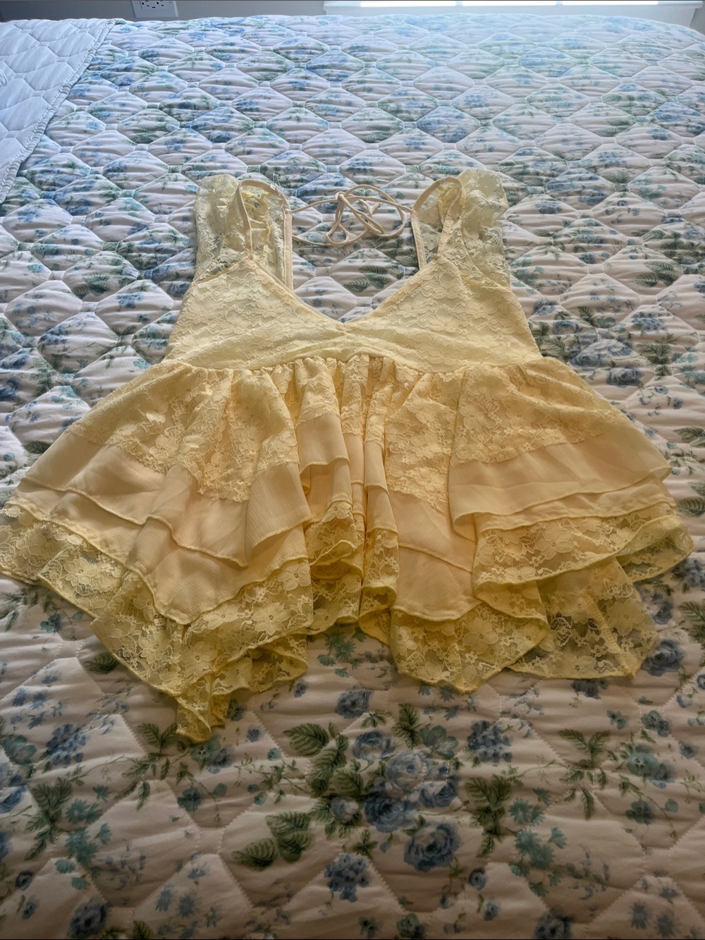 Yellow Lace Ruffled Tiered Crop Top